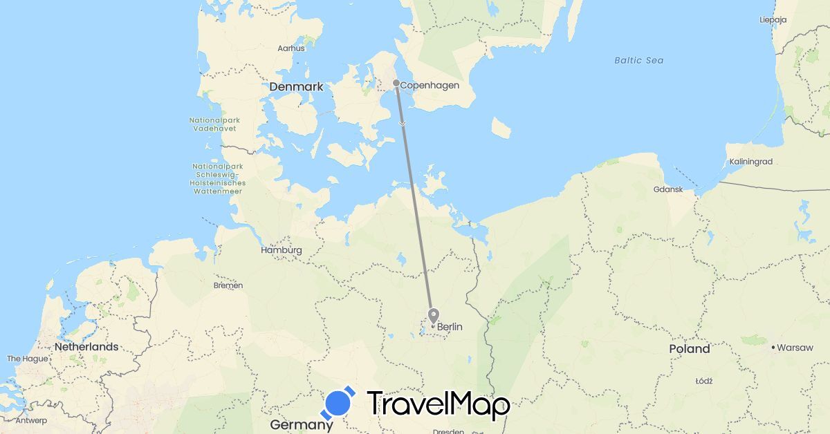 TravelMap itinerary: driving, plane in Germany, Denmark (Europe)